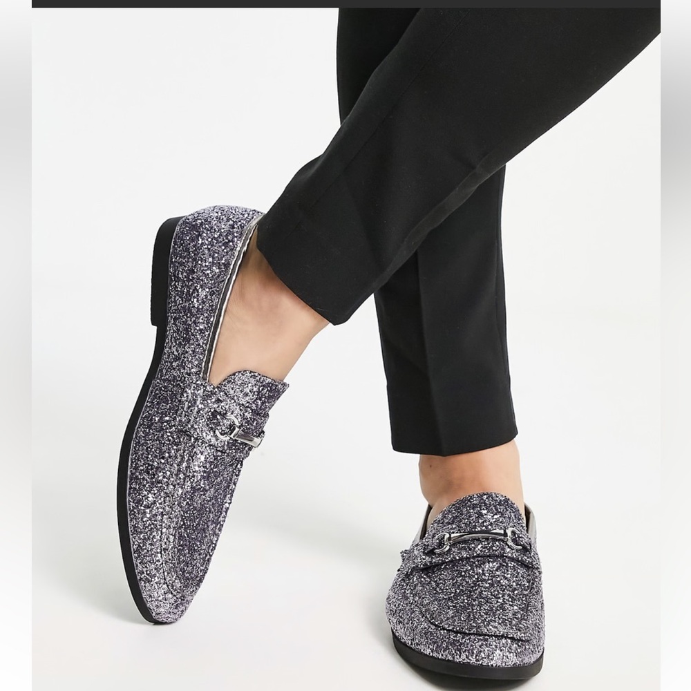 Truffle Collection snaffle trim loafers in chunky silver glitter